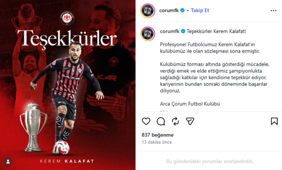 Arca Çorum Fk'da Ayrılık: Kerem Kalafat İle Yollar Ayrıldı