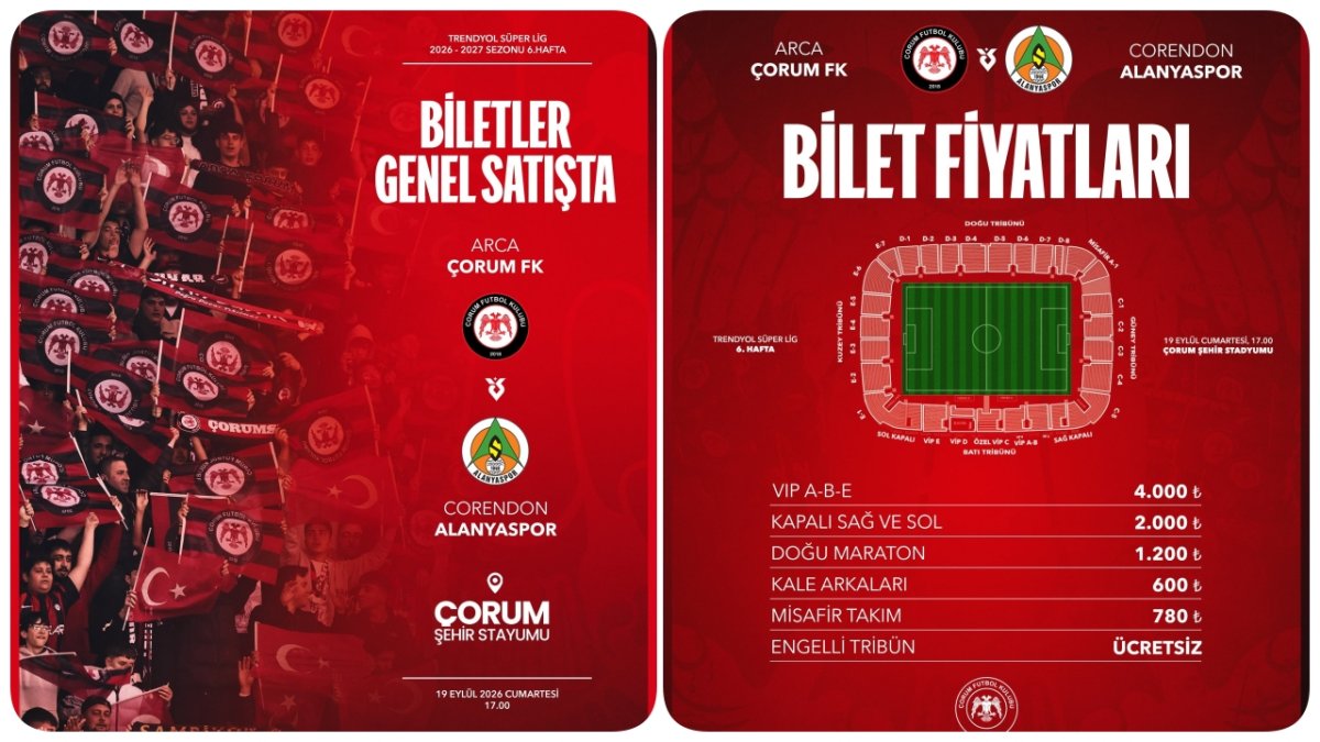 Arca Çorum Fk - Corendon Alanyaspor Maçının Bilet Ve Kombine Detayları Açıklandı